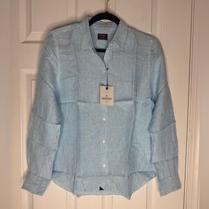 UNTUCKIT NWT Woman’s Sherry Aqua/White 100% Linen Button Down Shirt Size 4‎